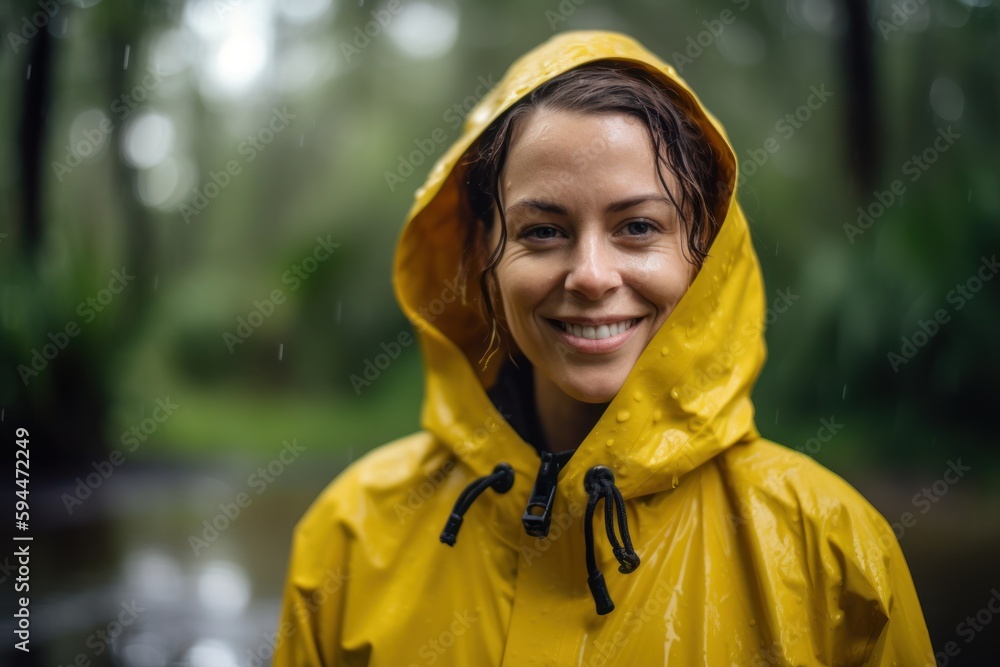 Portrait of a smiling woman in yellow raincoat standing in the rain Portrait of a smiling woman in yellow raincoat standing in the rain