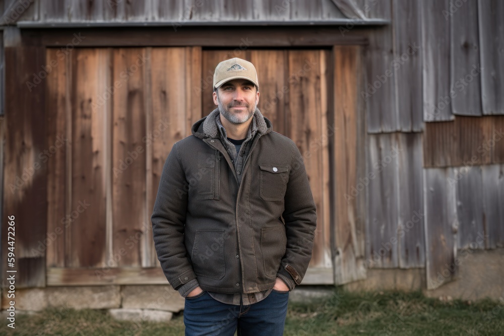 Portrait of a man in a cap and jacket standing in front of a wooden house