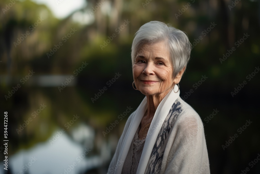 Portrait of a smiling senior woman standing by the lake in the park Portrait of a smiling senior woman standing by the lake in the park