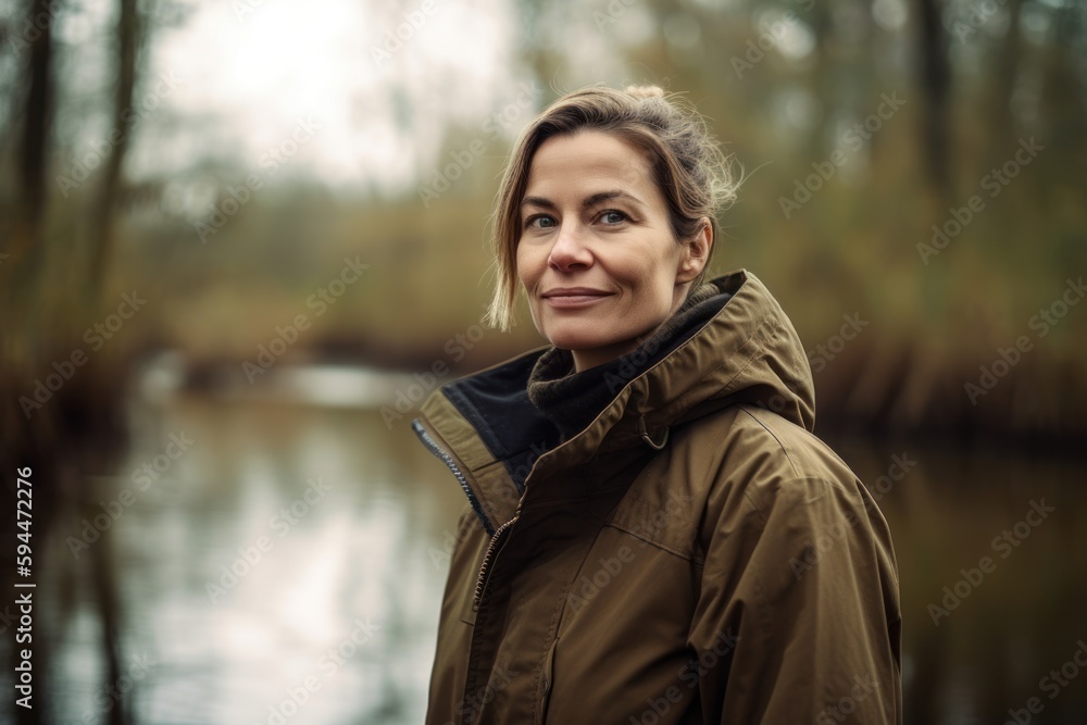 Portrait of a beautiful young woman in a raincoat near the river Portrait of a beautiful young woman in a raincoat near the river
