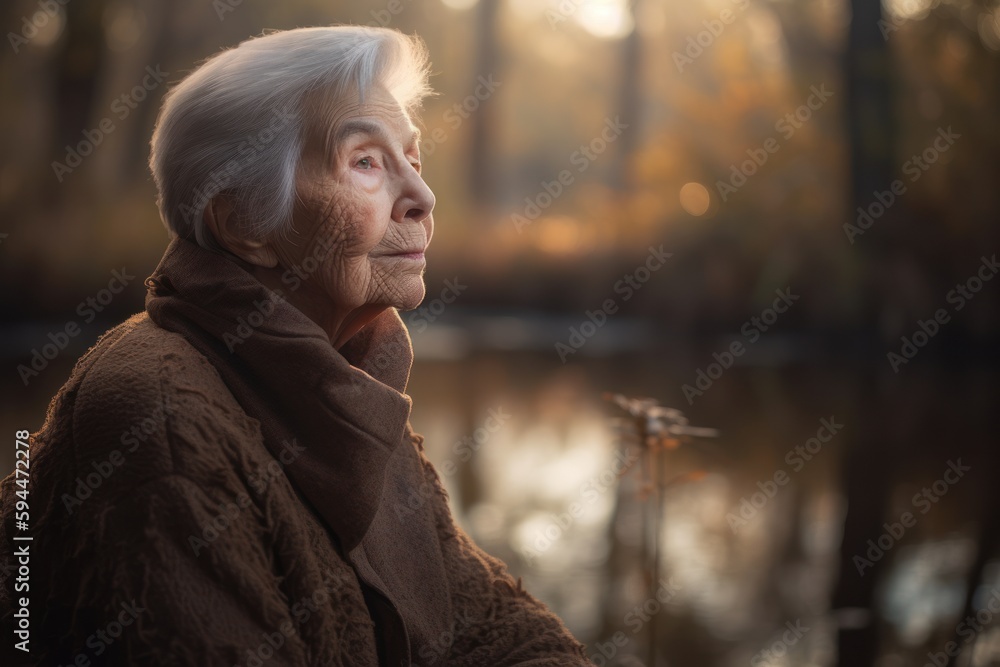 Portrait of an elderly woman in the autumn forest at sunset.