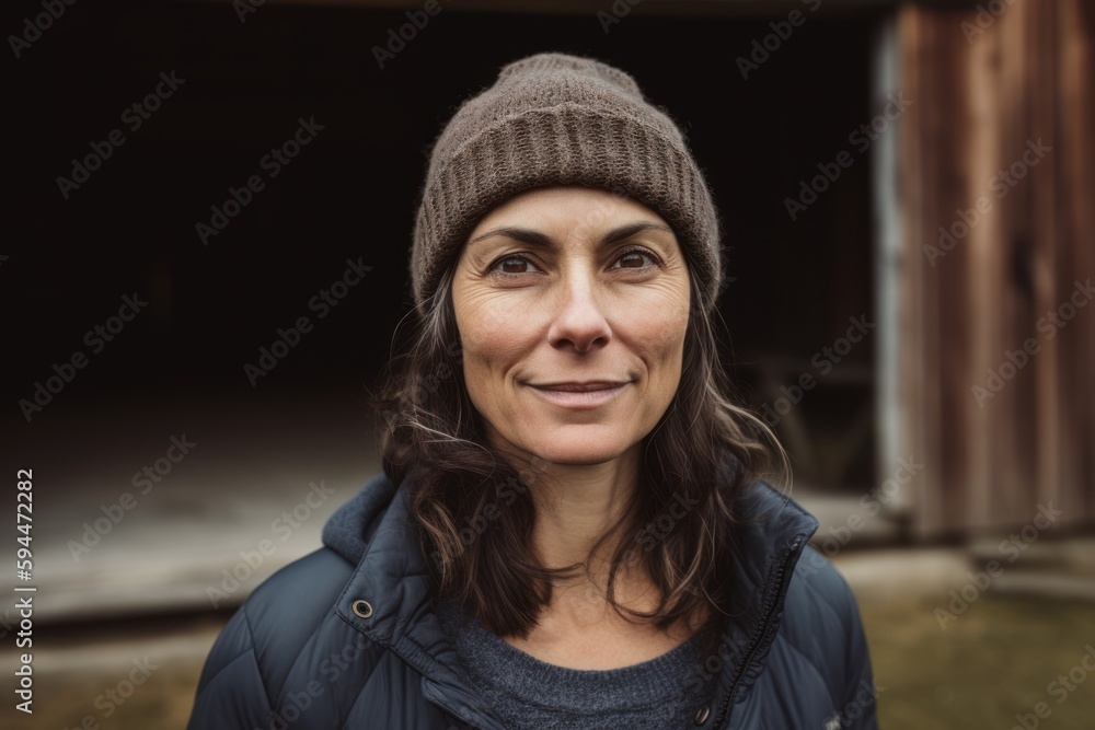 Portrait of smiling woman with hat and jacket in a rural area Portrait of smiling woman with hat and jacket in a rural area