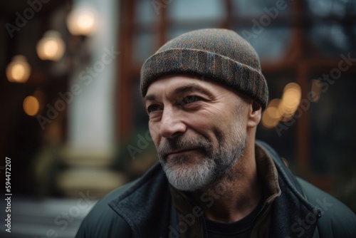 Portrait of handsome mature man with grey beard and gray hair, wearing warm hat and coat, looking at camera. © Robert MEYNER