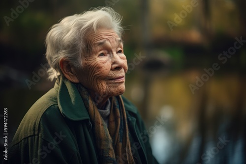 Portrait of an elderly woman in a park in the autumn.