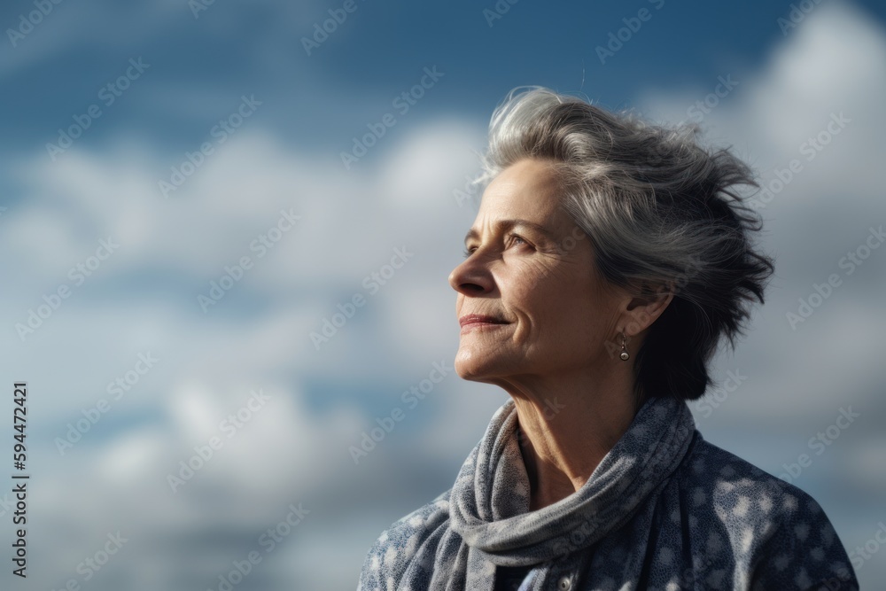 Portrait of a beautiful senior woman on the background of blue sky
