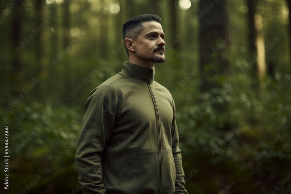 Portrait of a handsome man in a green jacket in the forest