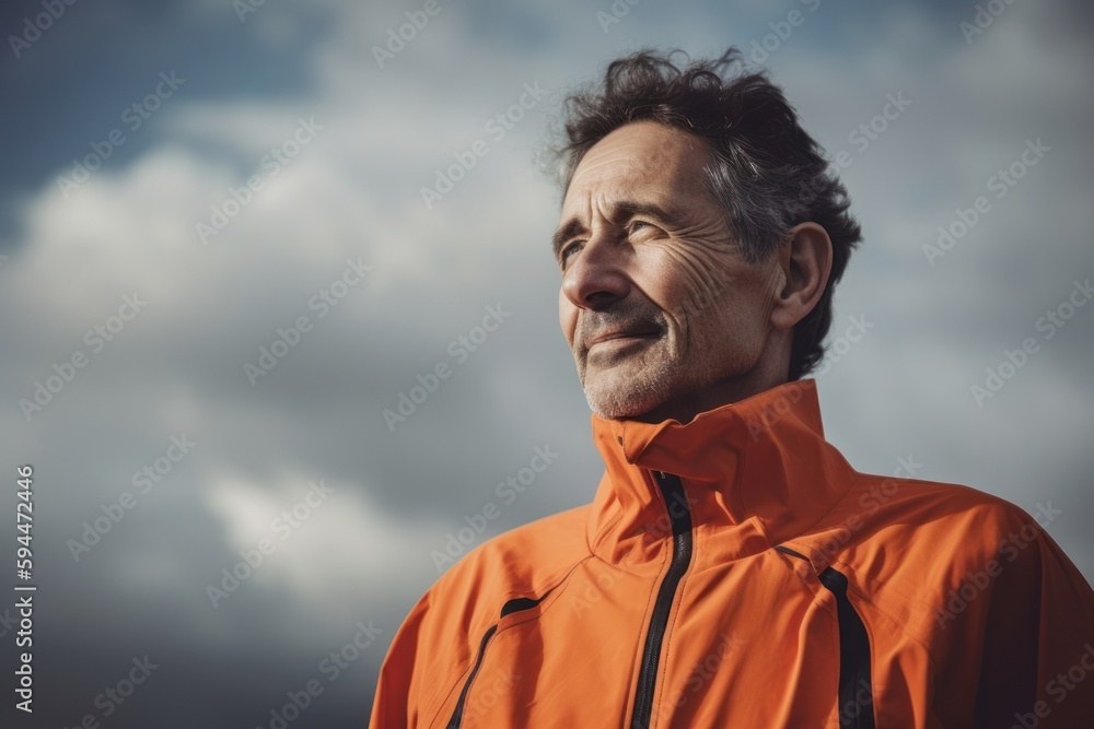 Portrait of a senior man in an orange jacket against a cloudy sky Portrait of a senior man in an orange jacket against a cloudy sky