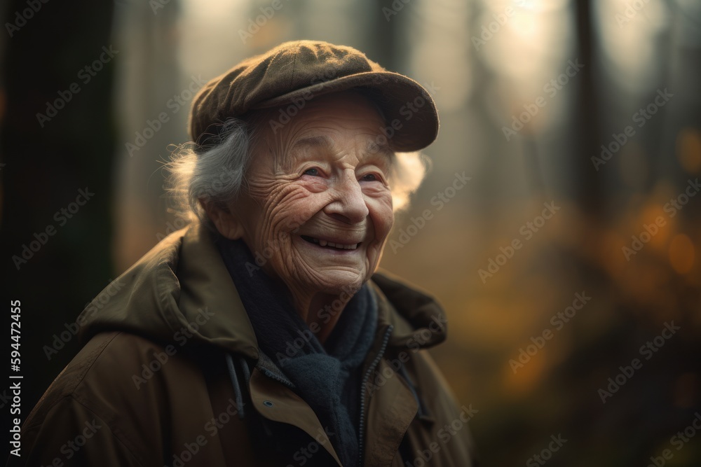 Portrait of smiling senior woman in cap in autumn forest at sunset Portrait of smiling senior woman in cap in autumn forest at sunset