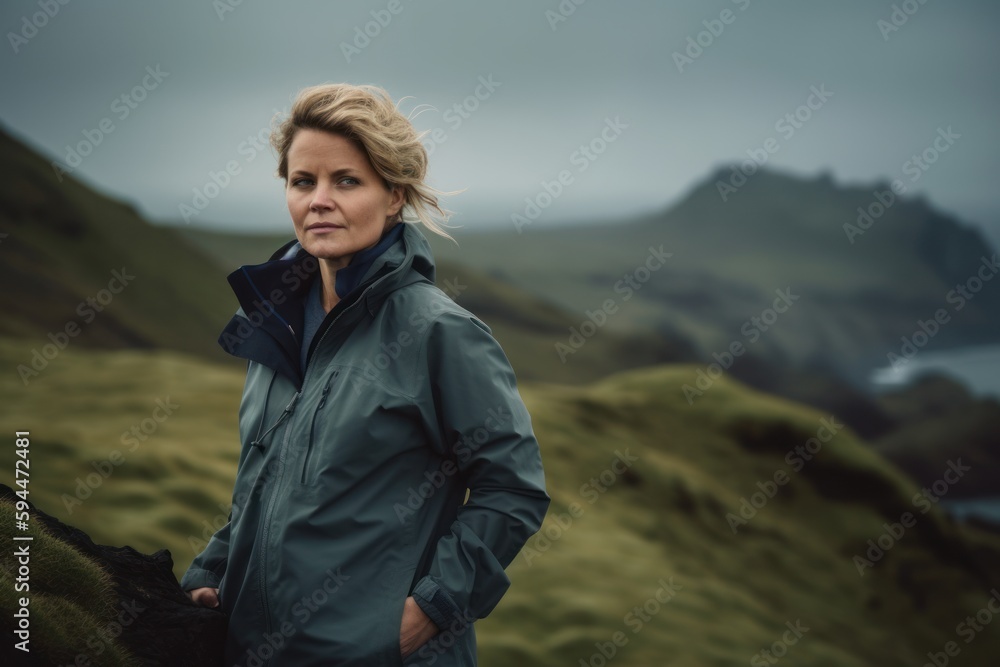 Beautiful middle aged woman with blond hair and blue jacket standing on a hill in the mountains.