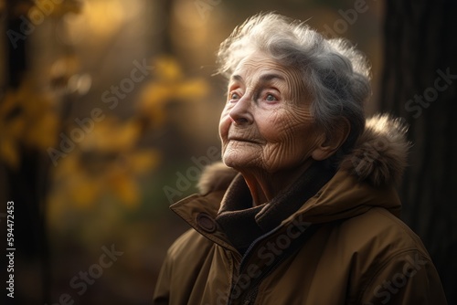 Portrait of an elderly woman in the autumn forest. Selective focus.