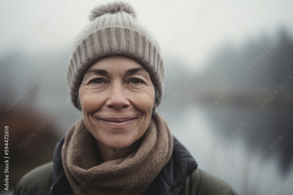 Portrait of a smiling middle-aged woman in a knitted hat and scarf Portrait of a smiling middle-aged woman in a knitted hat and scarf