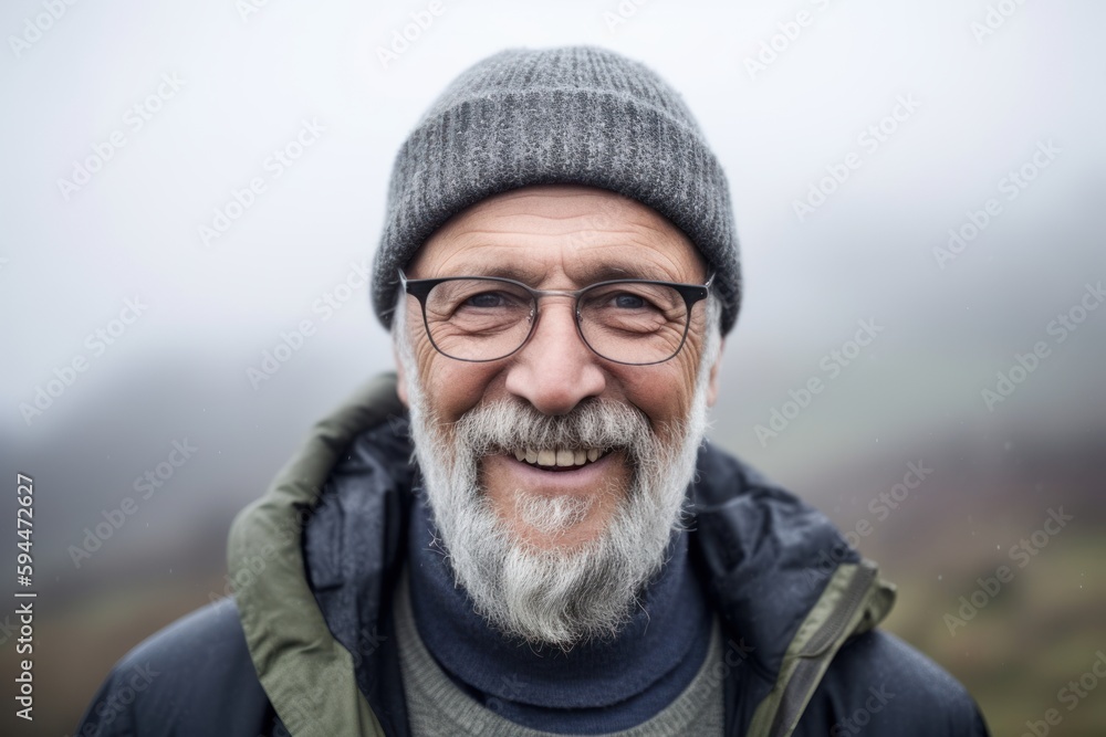 Portrait of senior man with grey beard wearing hat and glasses outdoors Portrait of senior man with grey beard wearing hat and glasses outdoors