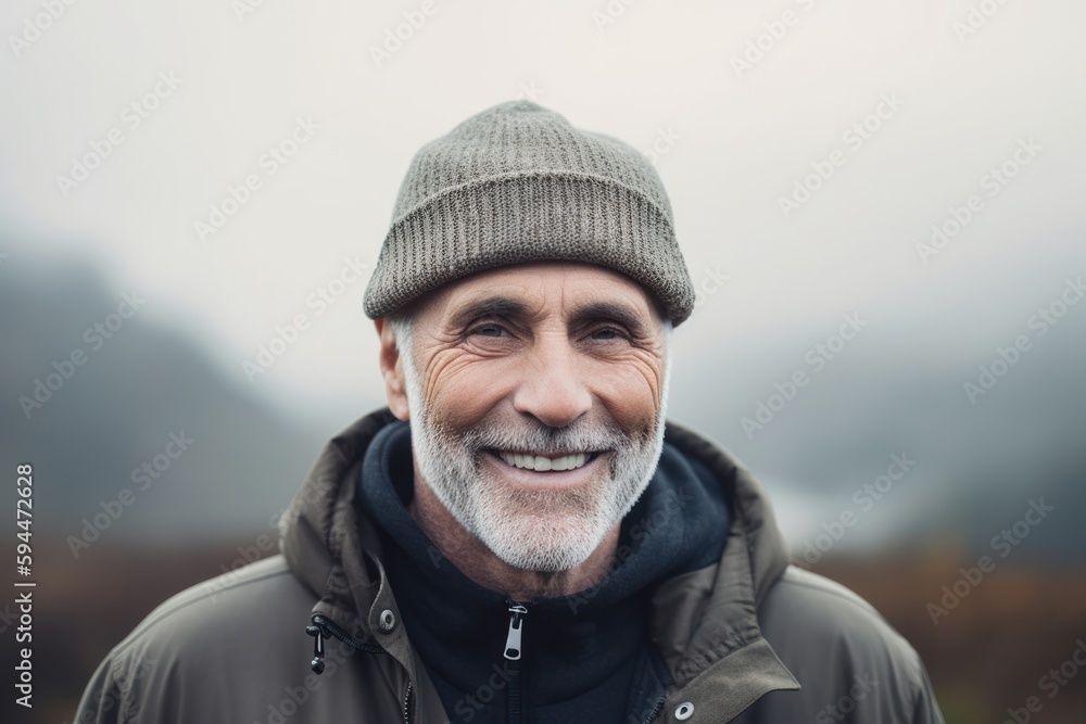 Portrait of smiling senior man with hat against foggy mountain landscape Portrait of smiling senior man with hat against foggy mountain landscape