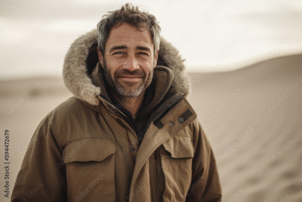 Environmental portrait photography of a pleased man in his 40s wearing a warm parka against a sand dune background. Generative AI Environmental portrait photography of a pleased man in his 40s wearing a warm parka against a sand dune background. Generative AI