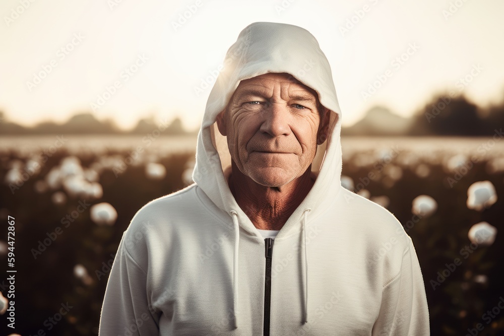 Portrait of senior man in white hoodie standing in cotton field Portrait of senior man in white hoodie standing in cotton field