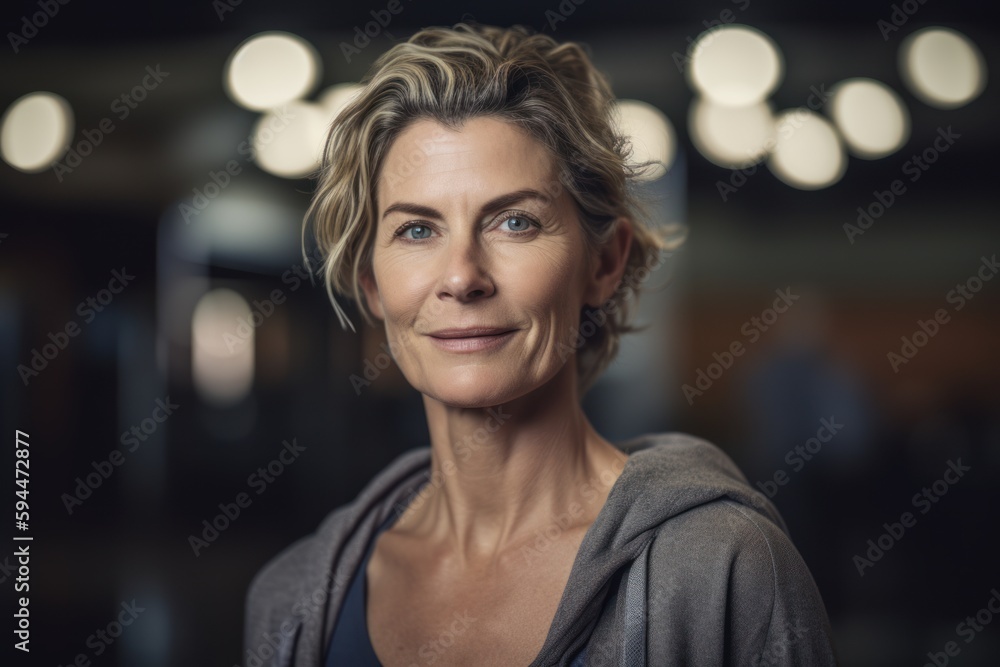 Portrait of mature woman standing in fitness studio, looking at camera Portrait of mature woman standing in fitness studio, looking at camera