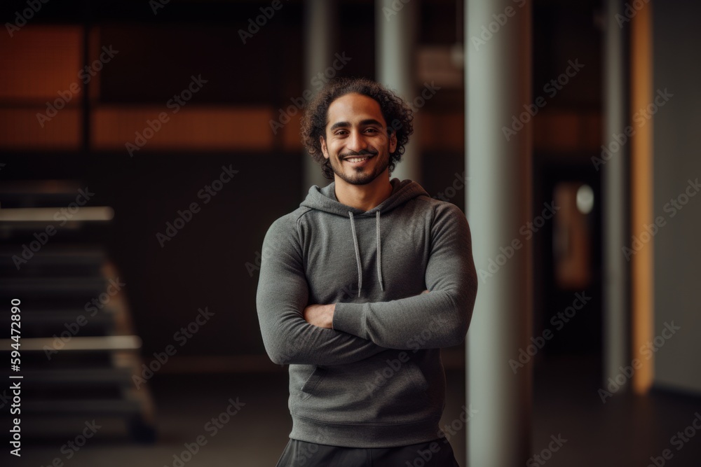 Portrait of a smiling young man standing with arms crossed in gym Stock ...