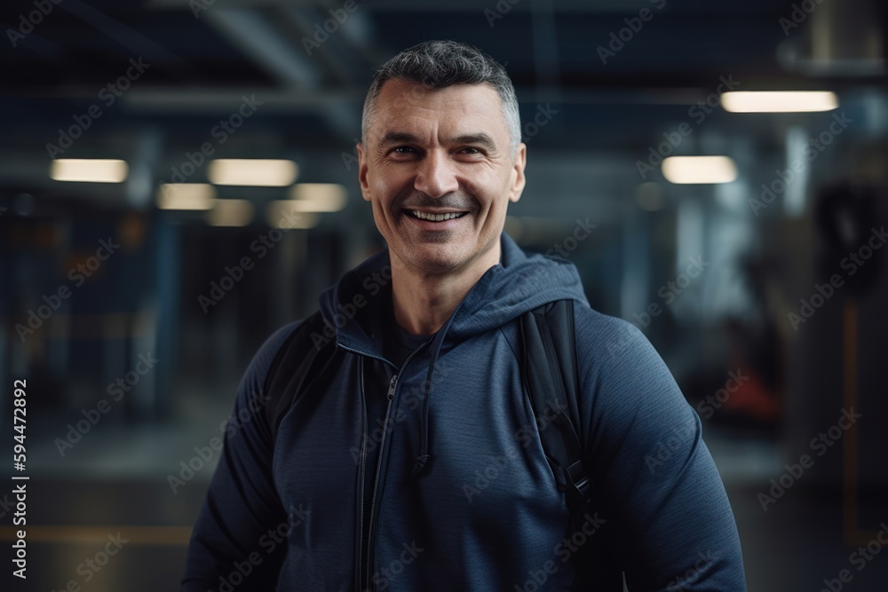 Portrait of a smiling middle-aged man in sportswear in the gym Portrait of a smiling middle-aged man in sportswear in the gym