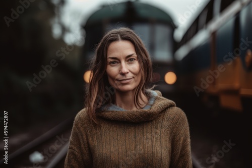 Portrait of a beautiful girl in a brown sweater on the railway station