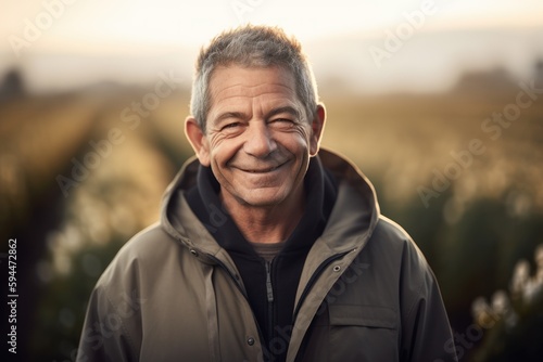 Portrait of happy senior man standing in wheat field and smiling at camera