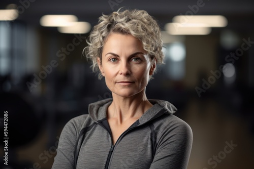 Environmental portrait photography of a satisfied woman in her 40s wearing a chic cardigan against a gym or fitness center background. Generative AI