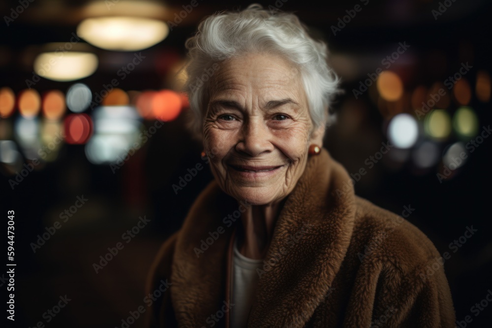 Portrait of a smiling senior woman in the street at night. Portrait of a smiling senior woman in the street at night.