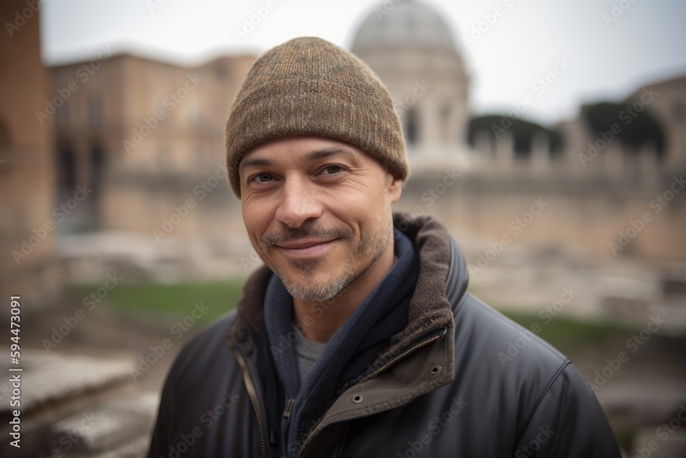 Group portrait photography of a satisfied man in his 40s wearing a warm beanie or knit hat against a roman or ancient architecture background. Generative AI Group portrait photography of a satisfied man in his 40s wearing a warm beanie or knit hat against a roman or ancient architecture background. Generative AI