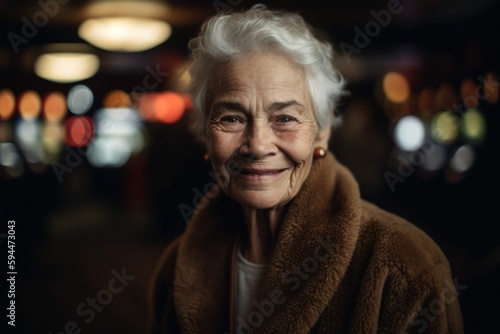 Portrait of a smiling senior woman in the street at night.
