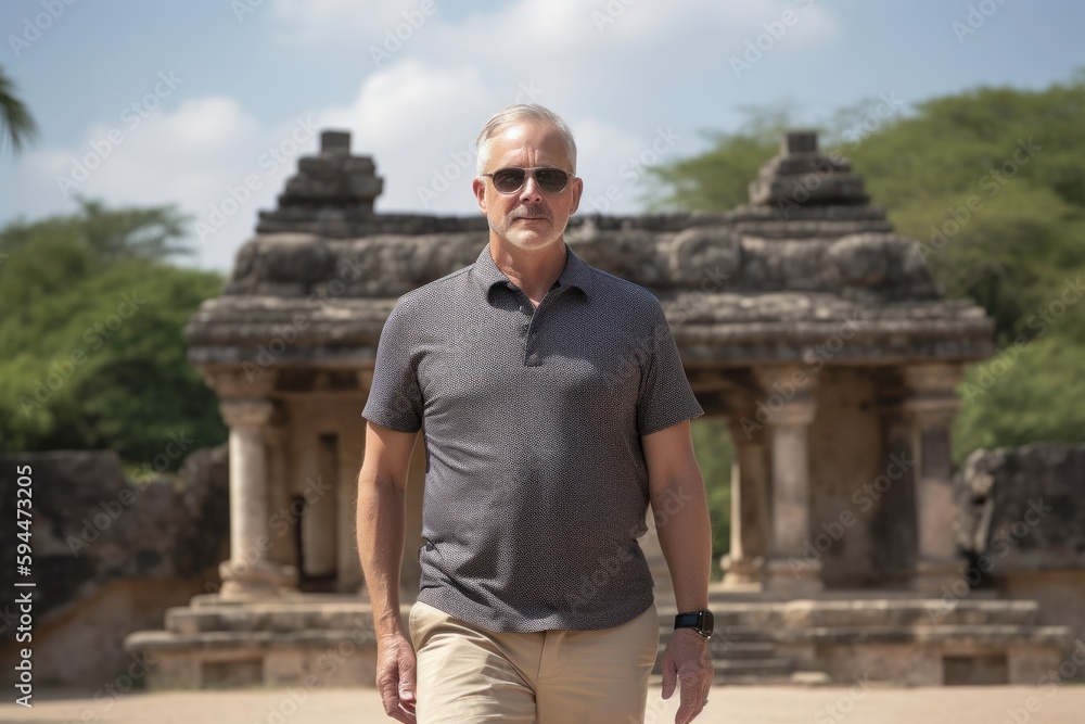 Full-length portrait photography of a pleased man in his 50s wearing a sporty polo shirt against a temple or sacred site background. Generative AI Full-length portrait photography of a pleased man in his 50s wearing a sporty polo shirt against a temple or sacred site background. Generative AI