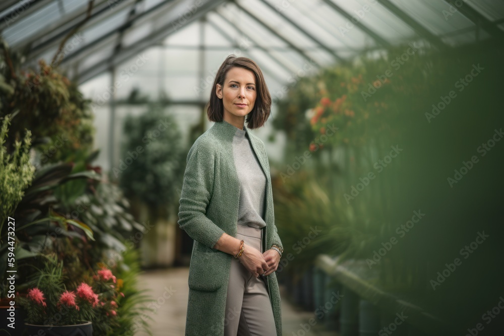 Portrait of a young beautiful woman in a green coat in a greenhouse