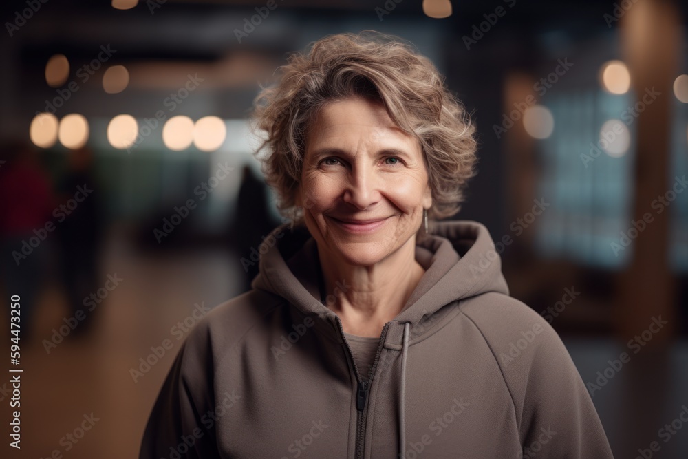 Portrait of a smiling mature woman in a sweatshirt in a cafe Portrait of a smiling mature woman in a sweatshirt in a cafe