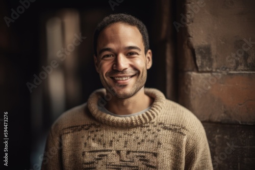 Portrait of a smiling young man in a sweater in the city