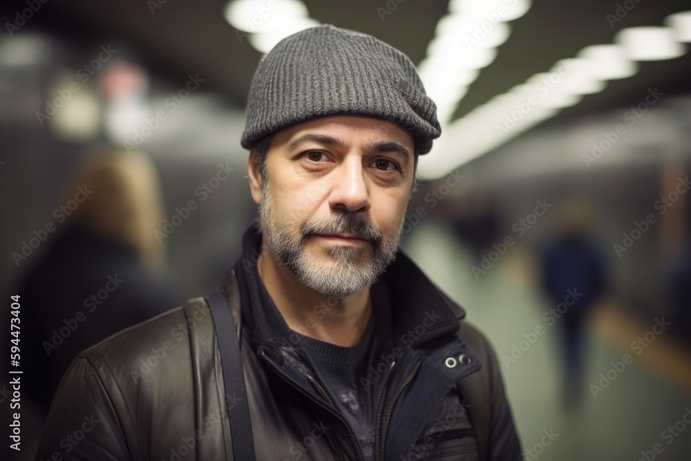 Portrait of a middle-aged man in a cap and jacket in the subway Portrait of a middle-aged man in a cap and jacket in the subway