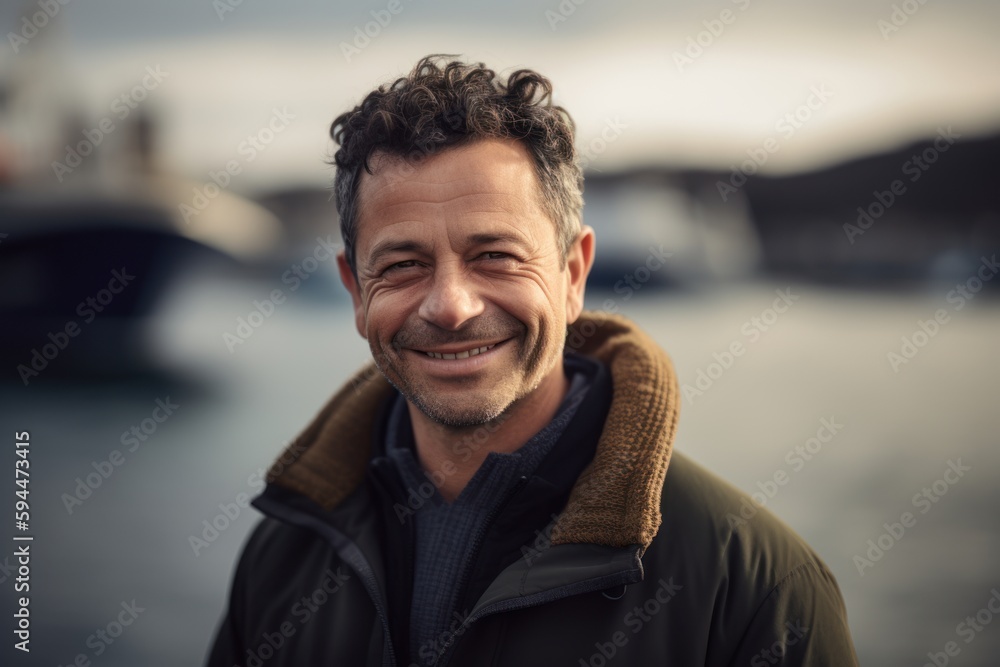 Portrait of a handsome middle-aged man smiling and looking at the camera while standing on a pier. Portrait of a handsome middle-aged man smiling and looking at the camera while standing on a pier.