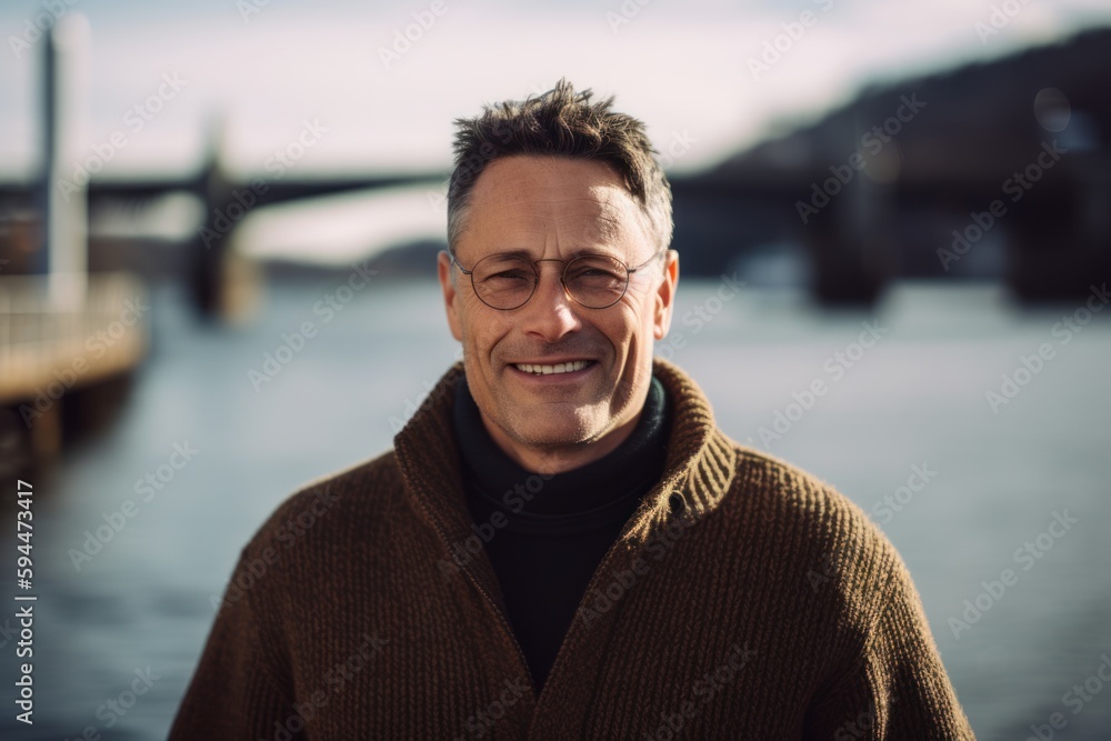 Fototapeta premium Portrait of a handsome middle-aged man in a brown sweater and glasses, smiling and looking at the camera.