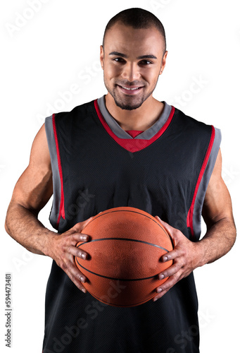 Portrait of young handsome sporty man with ball isolated on white background