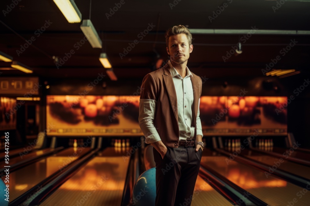 Portrait of a confident mature man standing in bowling alley and looking at camera.