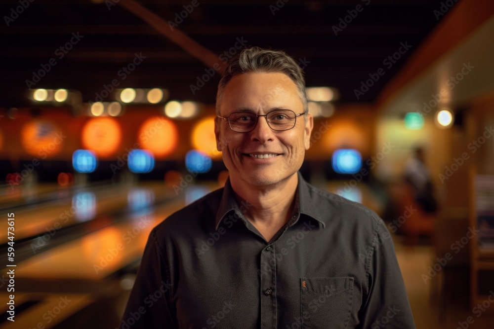 Portrait of a happy senior man in bowling alley at night. Portrait of a happy senior man in bowling alley at night.