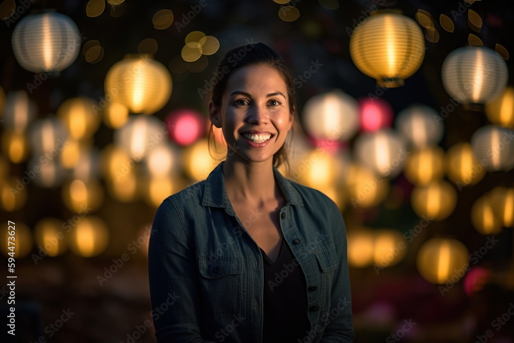Portrait of a beautiful woman smiling at the camera while standing in front of Chinese lanterns Portrait of a beautiful woman smiling at the camera while standing in front of Chinese lanterns