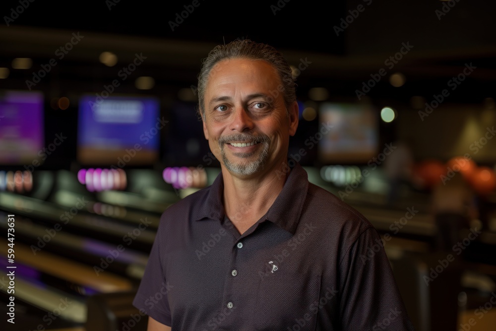 Portrait of happy mature man standing in bowling alley at night club Portrait of happy mature man standing in bowling alley at night club