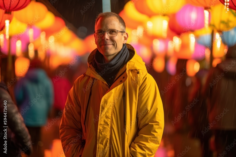 Handsome middle aged man in yellow raincoat and eyeglasses standing in front of colorful paper lanterns during night time. Handsome middle aged man in yellow raincoat and eyeglasses standing in front of colorful paper lanterns during night time.