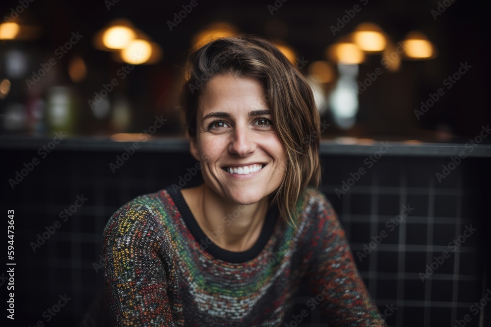 Portrait of smiling young woman sitting at bar counter in a pub Portrait of smiling young woman sitting at bar counter in a pub