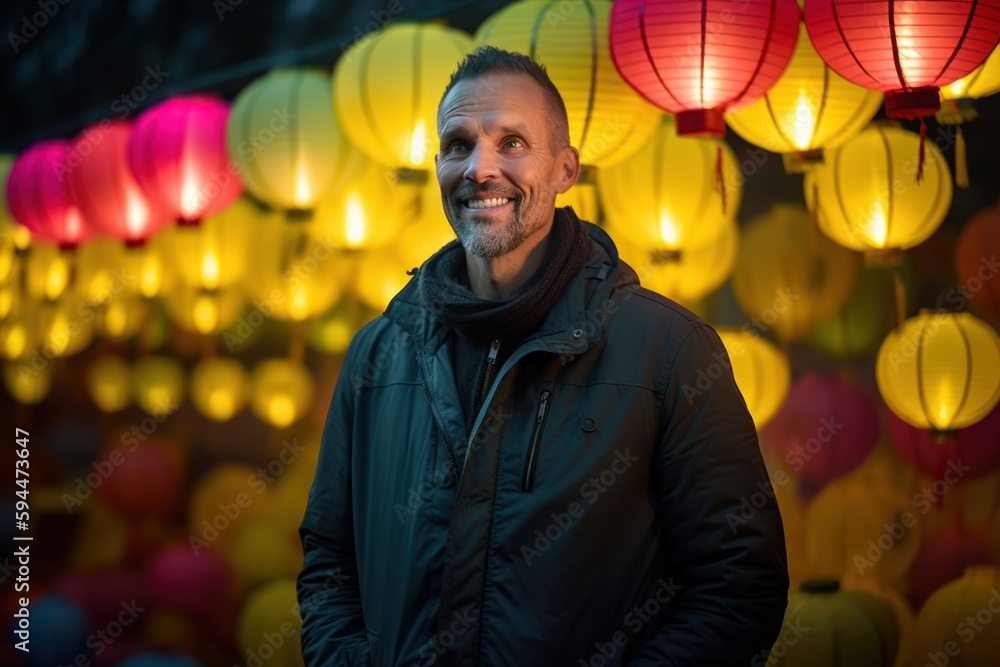 Fototapeta premium Handsome middle-aged man in a blue jacket with a beard standing in front of the lanterns.