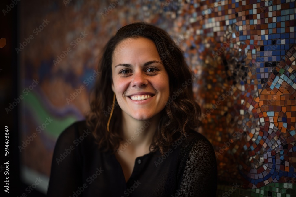 Fototapeta premium Portrait of smiling young woman sitting at bar counter in a nightclub