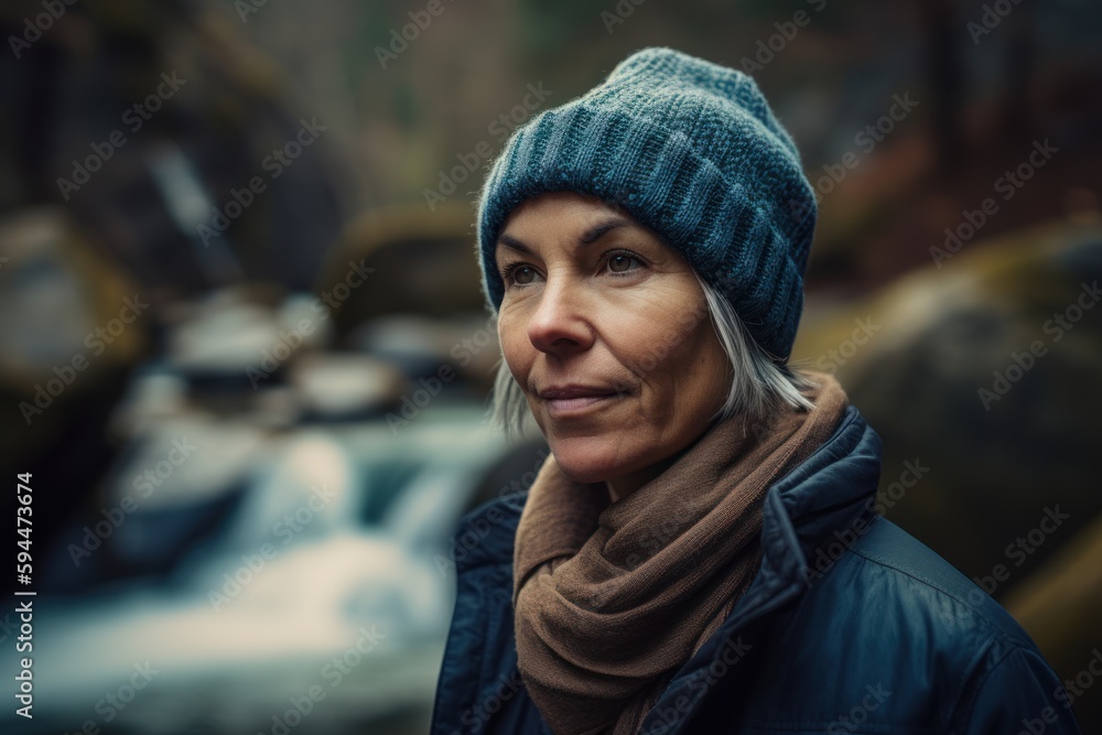 Portrait of senior woman with hat and scarf in winter forest. Portrait of senior woman with hat and scarf in winter forest.