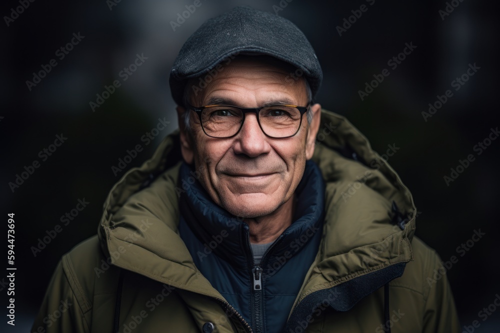 Obraz premium Portrait of an elderly man wearing a cap and coat with glasses