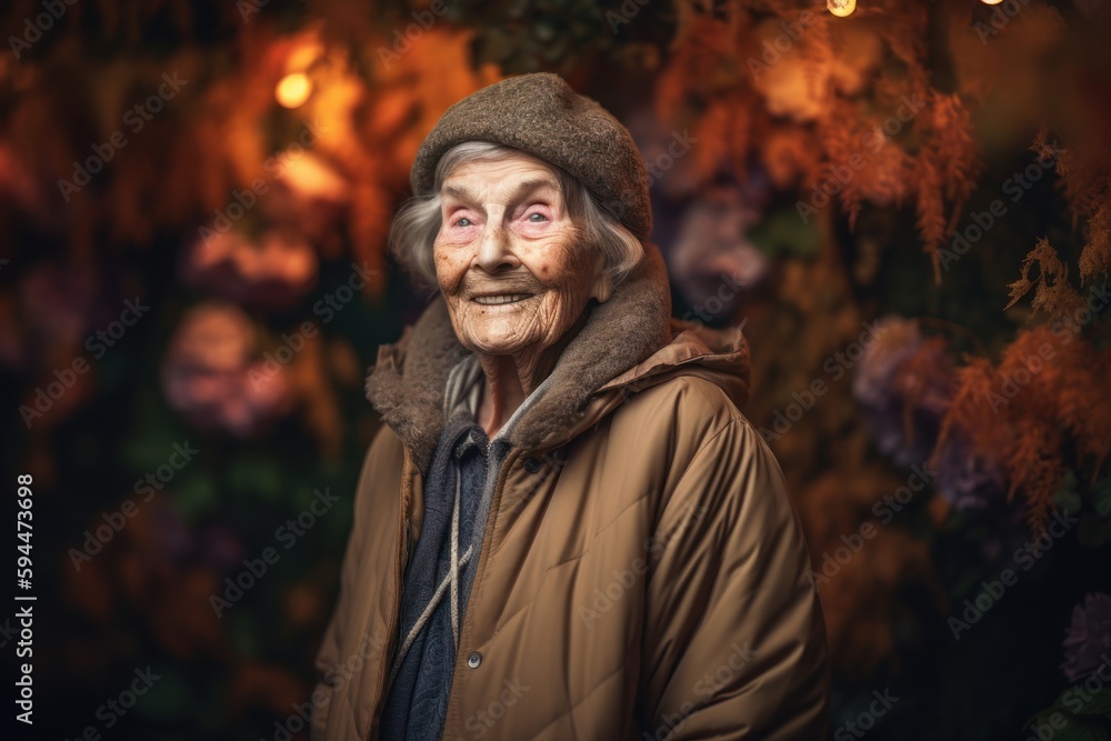 Portrait of an elderly woman on the background of autumn flowers.