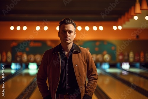 Portrait of a handsome young man standing in bowling alley at night © Robert MEYNER