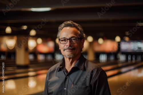 Portrait of mature man standing in bowling alley at night club.