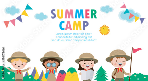 kids summer camp background education Banner Template,group of kids Scouts goes on a long walk in the forest, advertising brochure cartoon poster flyer your text ,Vector Illustration